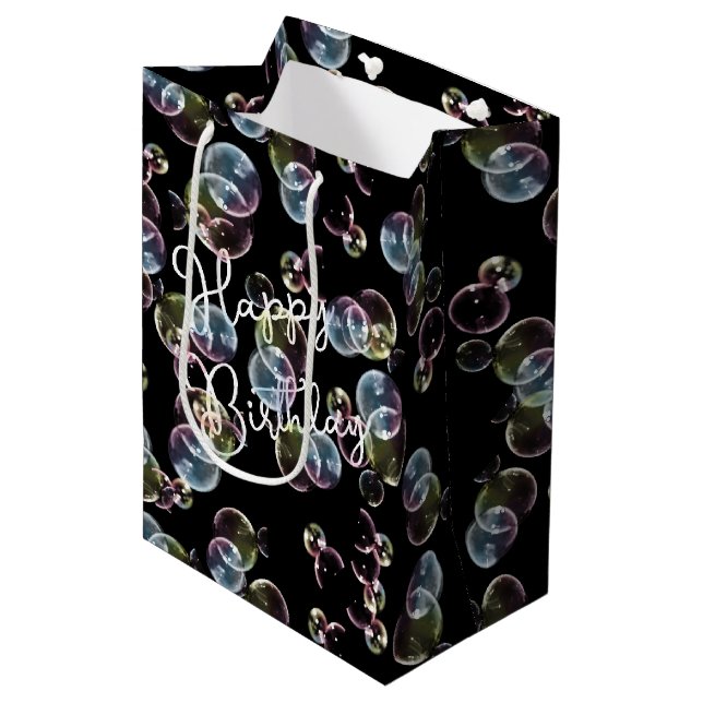 Birthday Soap Bubbles On Black Medium Gift Bag (Front Angled)