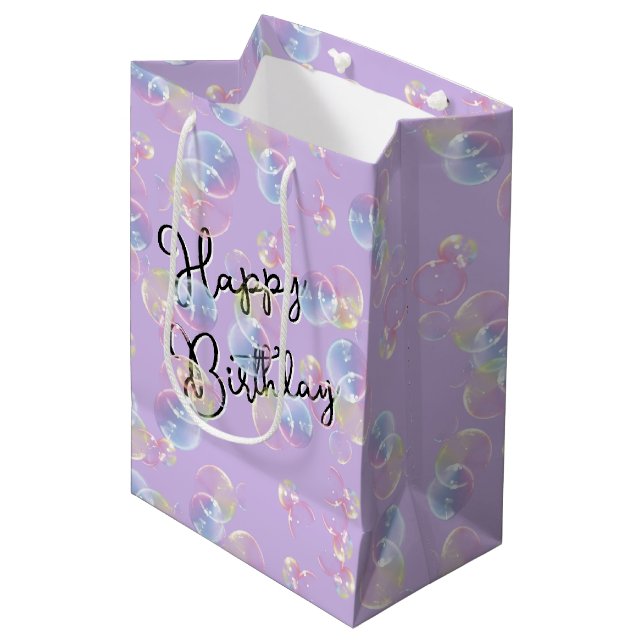 Birthday Soap Bubbles On Purple Medium Gift Bag (Front Angled)