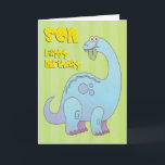 Birthday Son Blue Dinosaur Card<br><div class="desc">Big blue dinosaur eating a leaf,  with a birthday greeting to son on a green background.</div>