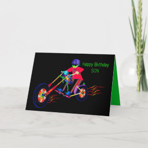 Birthday, Son, Colourful Man Riding Motorcycle Car Card