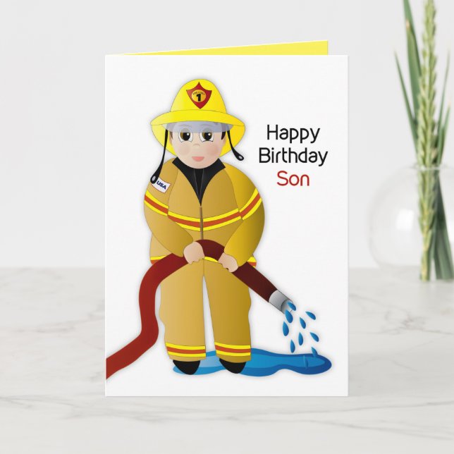 Birthday Son Firefighter with Water Hose Card (Front)