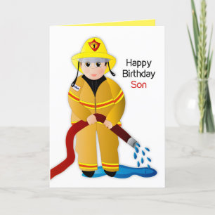 Birthday Son Firefighter with Water Hose Card