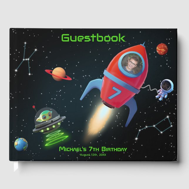 Birthday Space Rocket Photo | Astronaut UFO Alien Guest Book (Front)