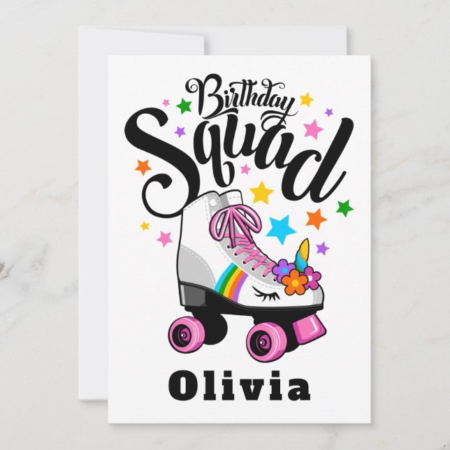 Birthday squad, unicorn, roller skate  invitation (Front)