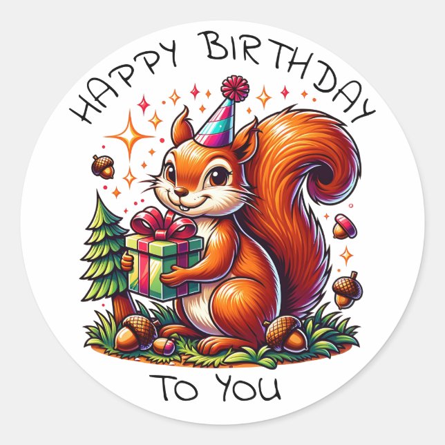 Birthday Squirrel Cute Cartoon Classic Round Sticker (Front)