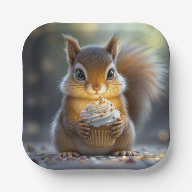 Birthday Squirrel With Cupcake Paper Plate (Front)