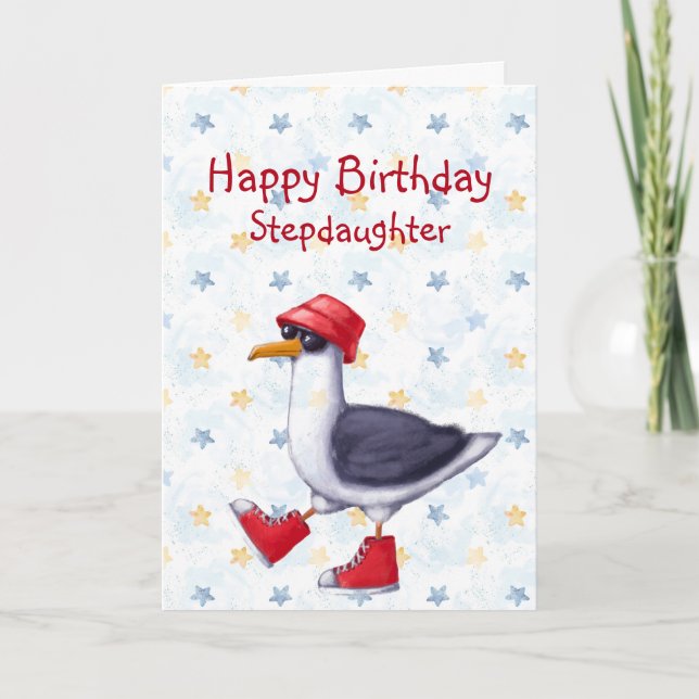 Birthday Stepdaughter Fun Cute Seagull Bird Card (Front)