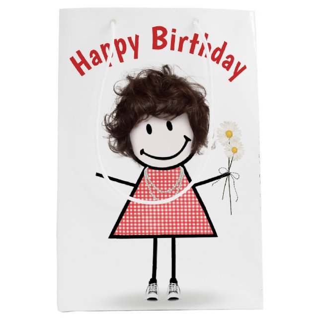 Birthday Stick Figure Girl In Sneakers Medium Gift Bag (Front)
