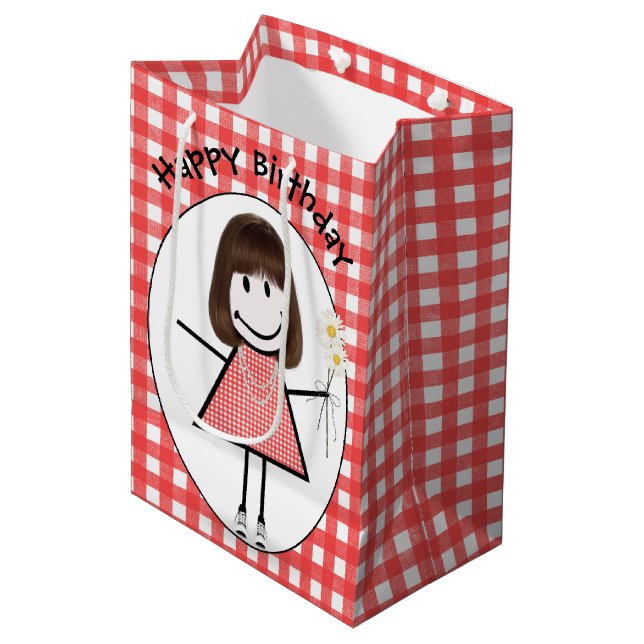 Birthday Stick Figure Girl In Sneakers on Gingham Medium Gift Bag (Front Angled)