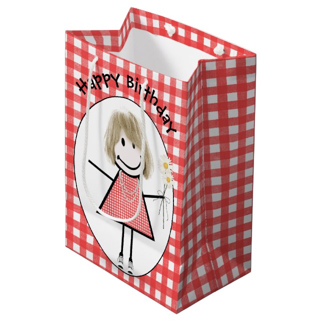 Birthday Stick Figure Girl In Sneakers on Gingham  Medium Gift Bag (Front Angled)