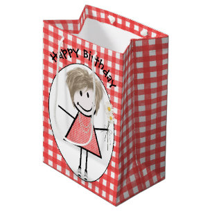 Birthday Stick Figure Girl In Sneakers on Gingham Medium Gift Bag