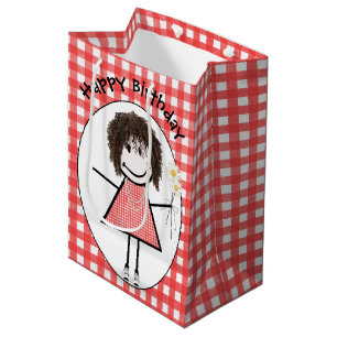 Birthday Stick Figure Girl In Sneakers on Gingham Medium Gift Bag