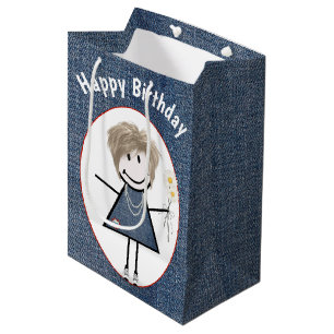 Birthday Stick Figure Girl On Denim  Medium Gift Bag