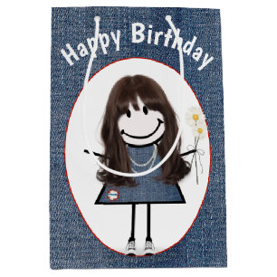 Birthday Stick Figure Girl On Denim Medium Gift Bag