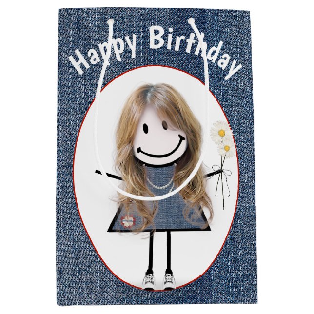 Birthday Stick Figure Girl On Denim  Medium Gift Bag (Front)