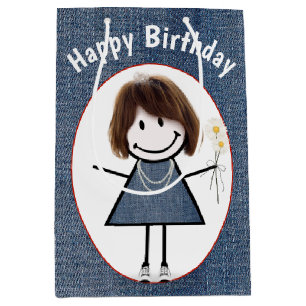 Birthday Stick Figure Girl On Denim    Medium Gift Bag