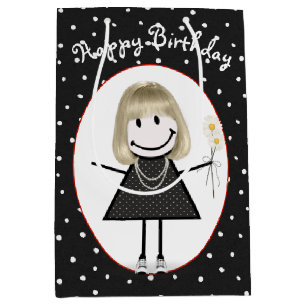 Birthday Stick Figure Girl On Polka Dots Medium Gift Bag