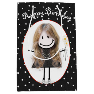Birthday Stick Figure Girl On Polka Dots   Medium Gift Bag