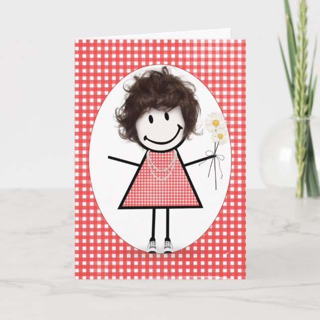 Birthday Stick Figure Girl On Red Gingham Card (Front)