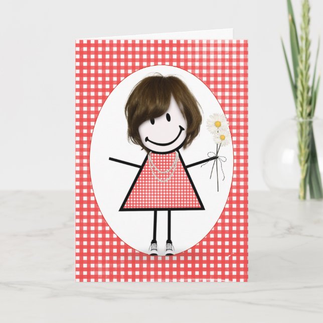 Birthday Stick Figure Girl On Red Gingham  Card (Front)