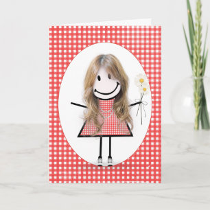 Birthday Stick Figure Girl On Red Gingham  Card