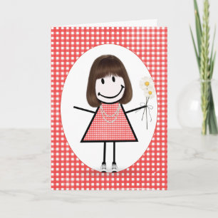 Birthday Stick Figure Girl On Red Gingham Card