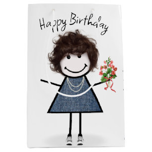 Birthday Stick Figure Girl With Bouquet Medium Gift Bag