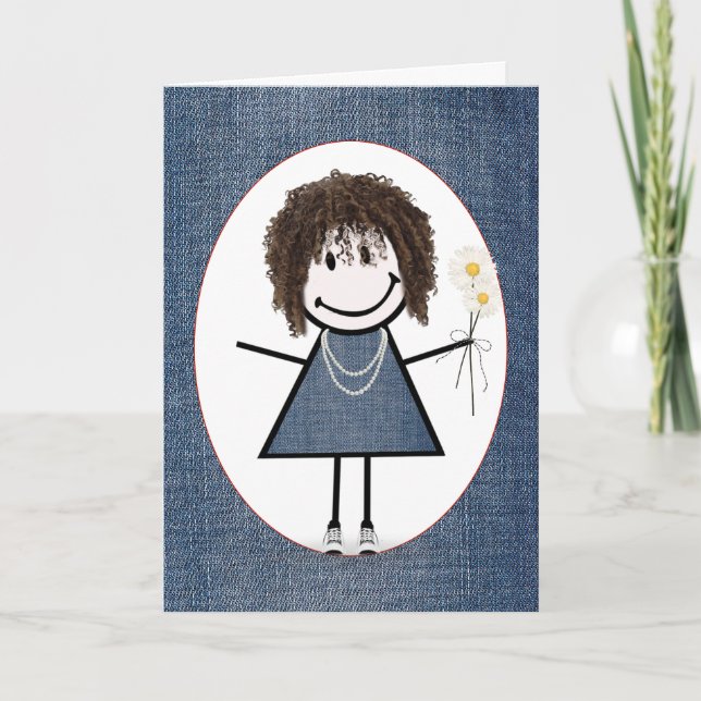 Birthday Stick Figure Girl with Daisies   Card (Front)