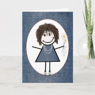 Birthday Stick Figure Girl with Daisies   Card
