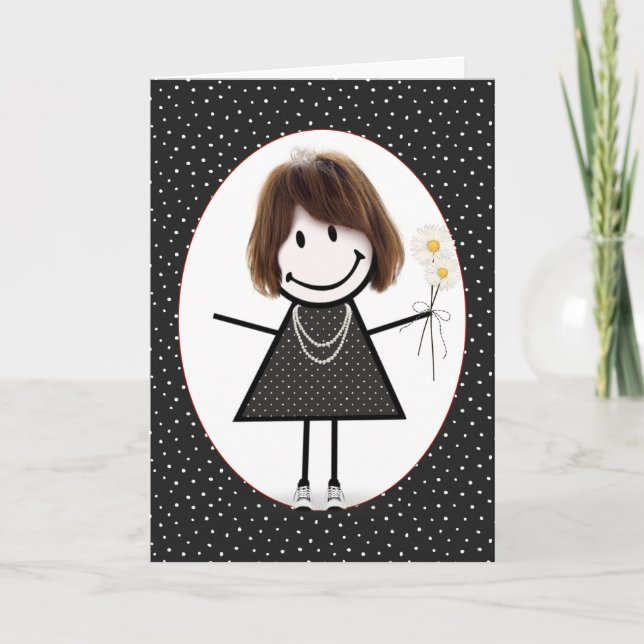 Birthday Stick Figure Girl with Daisies   Card (Front)