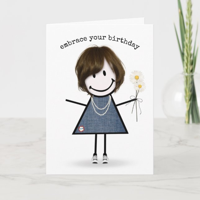 Birthday Stick Figure Girl with Daisies Card (Front)