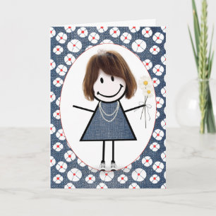 Birthday Stick Figure Girl with Daisies   Card