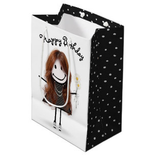 Birthday Stick Figure Girl with Daisies  Medium Gift Bag