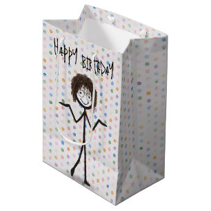 Birthday Stick Figure Girl With Hair and Glasses Medium Gift Bag