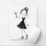 Birthday Stick Figure Girl with Martini Mouse Pad<br><div class="desc">A cute stick-figure girl wearing a black cocktail dress and sneakers holds a martini on a white background.</div>