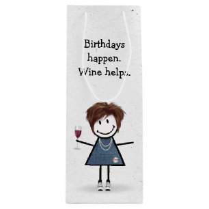 Birthday Stick Figure Girl with Red Wine Glass Gift Bag