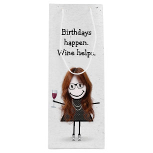 Birthday Stick Figure Girl with Red Wine Glass Gift Bag