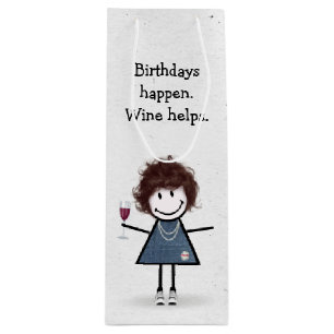 Birthday Stick Figure Girl with Red Wine Glass Gift Bag