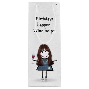 Birthday Stick Figure Girl with Red Wine Glass Gift Bag