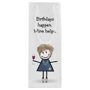 Birthday Stick Figure Girl with Red Wine Glass  Gift Bag