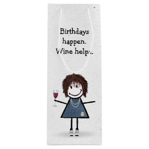 Birthday Stick Figure Girl with Red Wine Glass Gift Bag