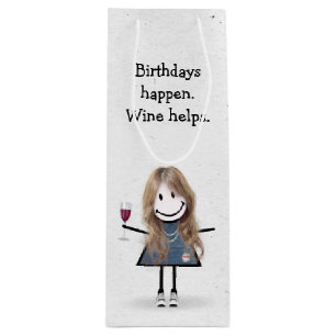 Birthday Stick Figure Girl with Red Wine Glass Wine Gift Bag