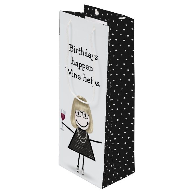 Birthday Stick Figure Girl with Red Wine Glass   Wine Gift Bag (Front Angled)