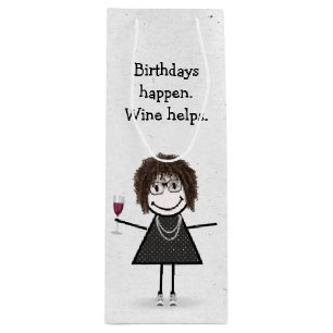 Birthday Stick Figure Girl with Red Wine Glass  Wine Gift Bag