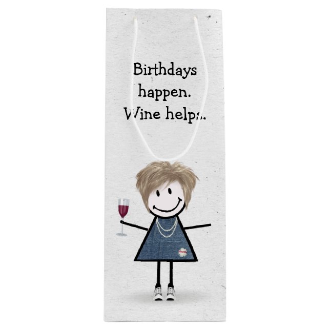 Birthday Stick Figure Girl with Red Wine Glass  Wine Gift Bag (Front)