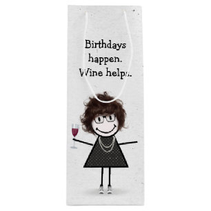 Birthday Stick Figure Girl with Red Wine Glass Wine Gift Bag