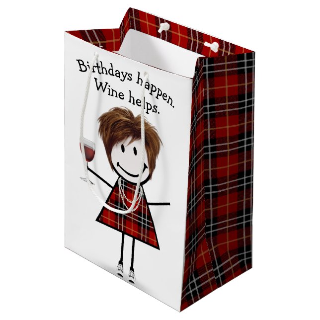 Birthday Stick Figure Girl with Red Wine   Medium Gift Bag (Front Angled)