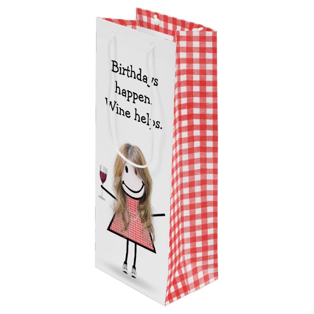 Birthday Stick Figure Girl with Red Wine  Wine Gift Bag (Front Angled)