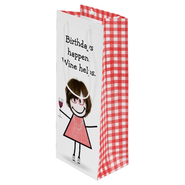 Birthday Stick Figure Girl with Red Wine  Wine Gift Bag (Front Angled)
