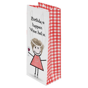Birthday Stick Figure Girl with Red Wine   Wine Gift Bag